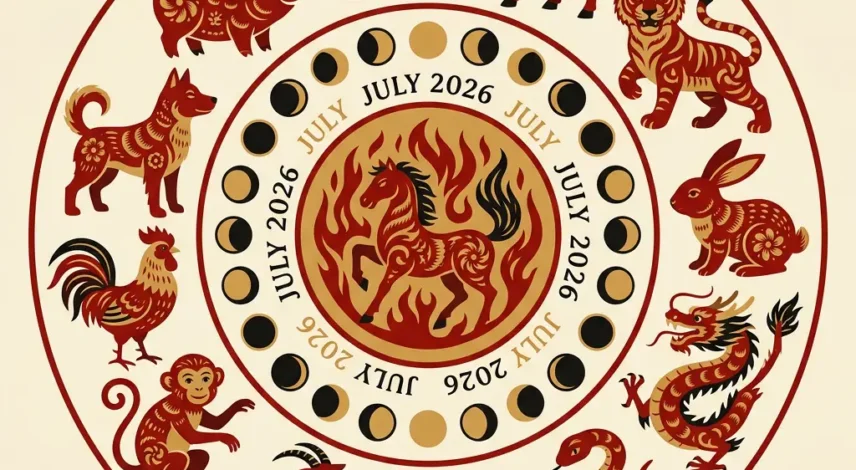 July 2026 Chinese Zodiac Horoscope — All 12 Signs, Year of the Fire Horse Illustration of all 12 Chinese zodiac animals arranged in a circle with July 2026 and lunar calendar imagery