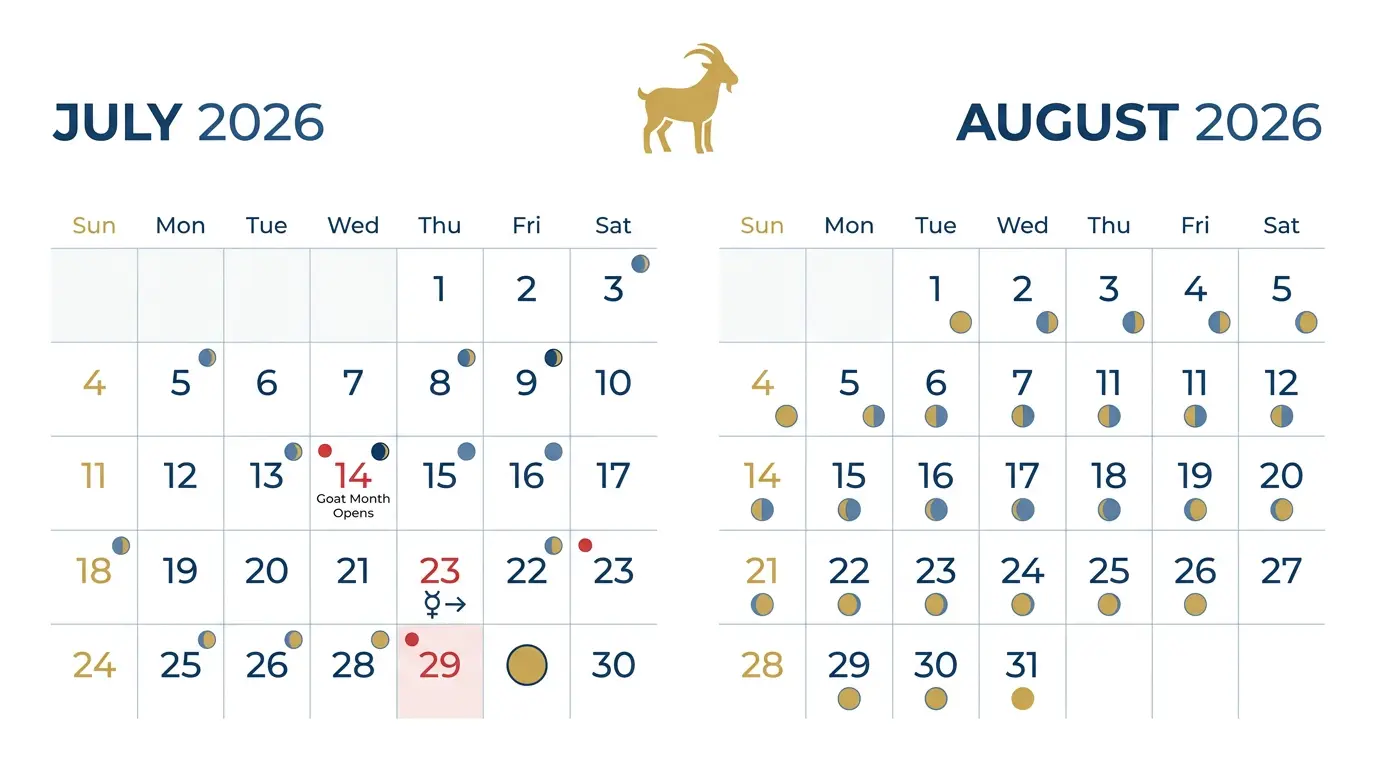 Chinese lunar calendar showing Lunar Month 6 Wei Goat month running July 14 to August 12 2026, with New Moon and Full Moon markers