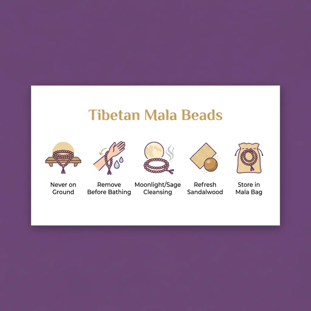 Mala bead care guide showing 5 monk-approved maintenance tips: never place on ground, remove before bathing, cleanse crystals with moonlight or sage, refresh sandalwood with light sanding, store in mala bag