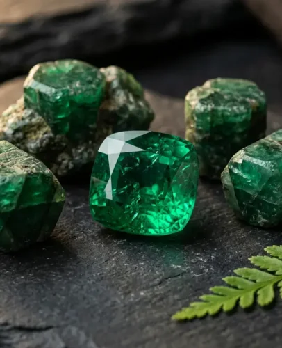 May Birthstone Natural Emerald Gemstones Raw and polished natural emerald gemstones with deep green color, displayed on dark stone surface with soft golden light — May 2026 birthstone guide by Potala Store