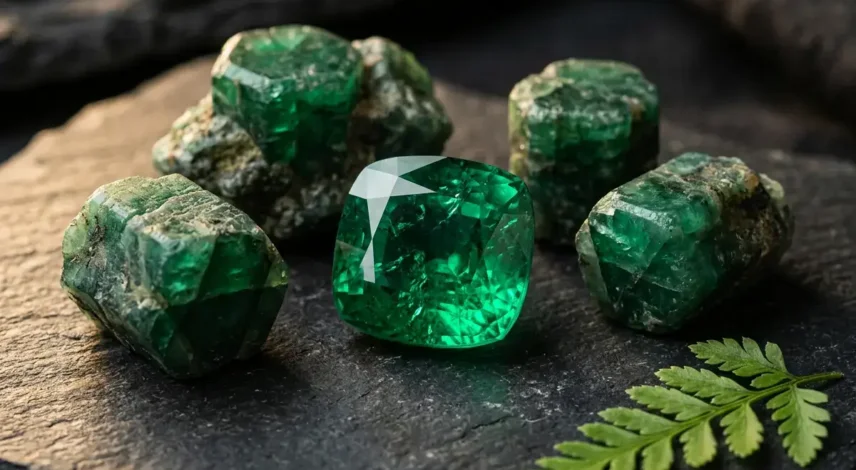 May Birthstone Natural Emerald Gemstones Raw and polished natural emerald gemstones with deep green color, displayed on dark stone surface with soft golden light — May 2026 birthstone guide by Potala Store