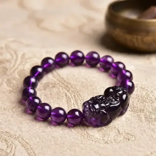 Natural Amethyst Pixiu Bracelet on Tibetan Brocade with Singing Bowl – PotalaStore