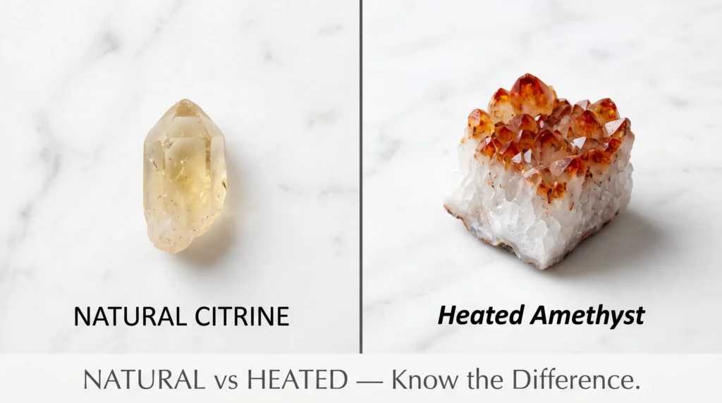 Natural citrine with even golden color versus heat-treated amethyst with orange tip showing how to identify genuine citrine