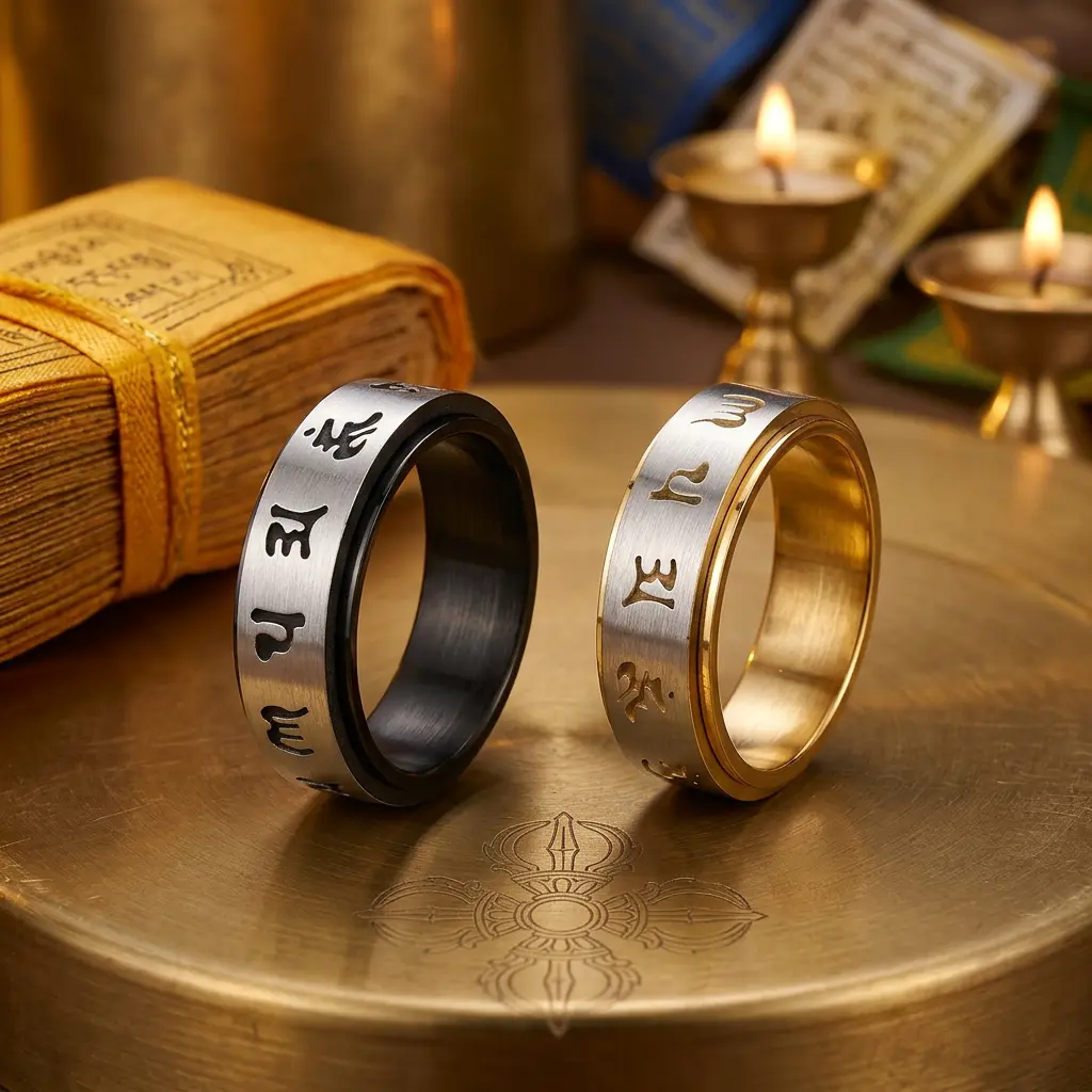 Om Mani Padme Hum Titanium Spinner Ring – Black Silver & Gold Silver on Tibetan Vajra Brass Bowl Om Mani Padme Hum Titanium Spinner Ring – Black Silver & Gold Silver on Tibetan Vajra Brass Bowl