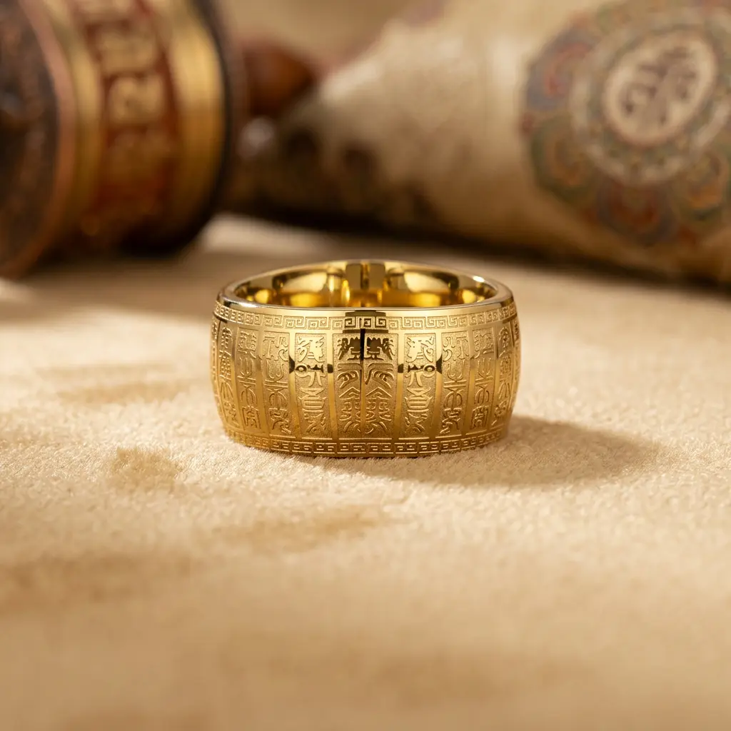 PotalaStore Heart Sutra Gold Stainless Steel Ring with Tibetan Prayer Wheel Gold Heart Sutra stainless steel ring laser-engraved with 260 Chinese Buddhist scripture characters, displayed beside a Tibetan prayer wheel