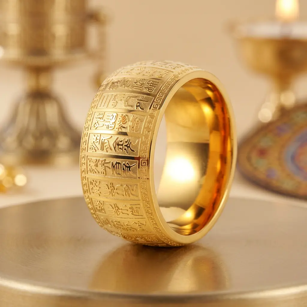 PotalaStore Heart Sutra Ring Gold Tone – Buddhist Altar Setting Gold-tone Heart Sutra Buddhist ring engraved with 般若波罗蜜多心经, photographed with brass offering cups and butter lamp — PotalaStore