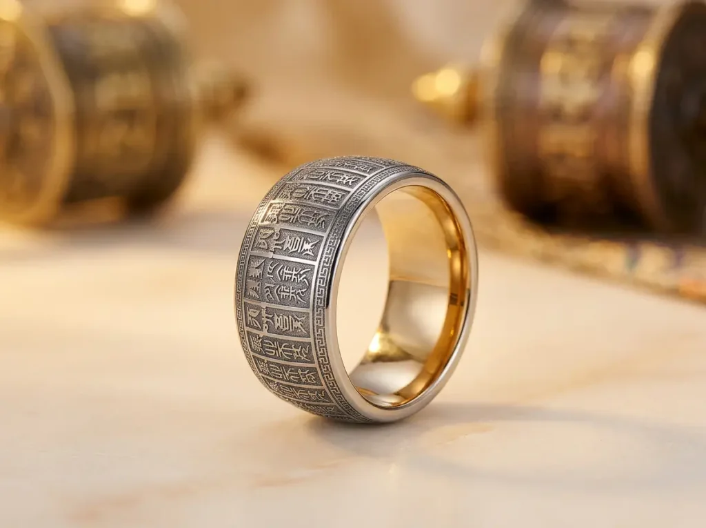 PotalaStore Heart Sutra Ring Two-Tone Silver and Gold Interior – Tibetan Buddhist Jewelry Two-tone Heart Sutra Buddhist ring with silver engraved exterior and gold polished interior, displayed with Tibetan prayer wheels