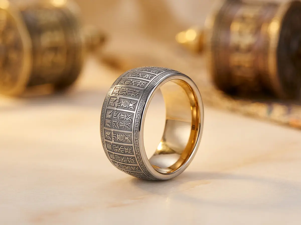 PotalaStore Heart Sutra Ring Two-Tone Silver and Gold Interior – Tibetan Buddhist Jewelry Two-tone Heart Sutra Buddhist ring with silver engraved exterior and gold polished interior, displayed with Tibetan prayer wheels