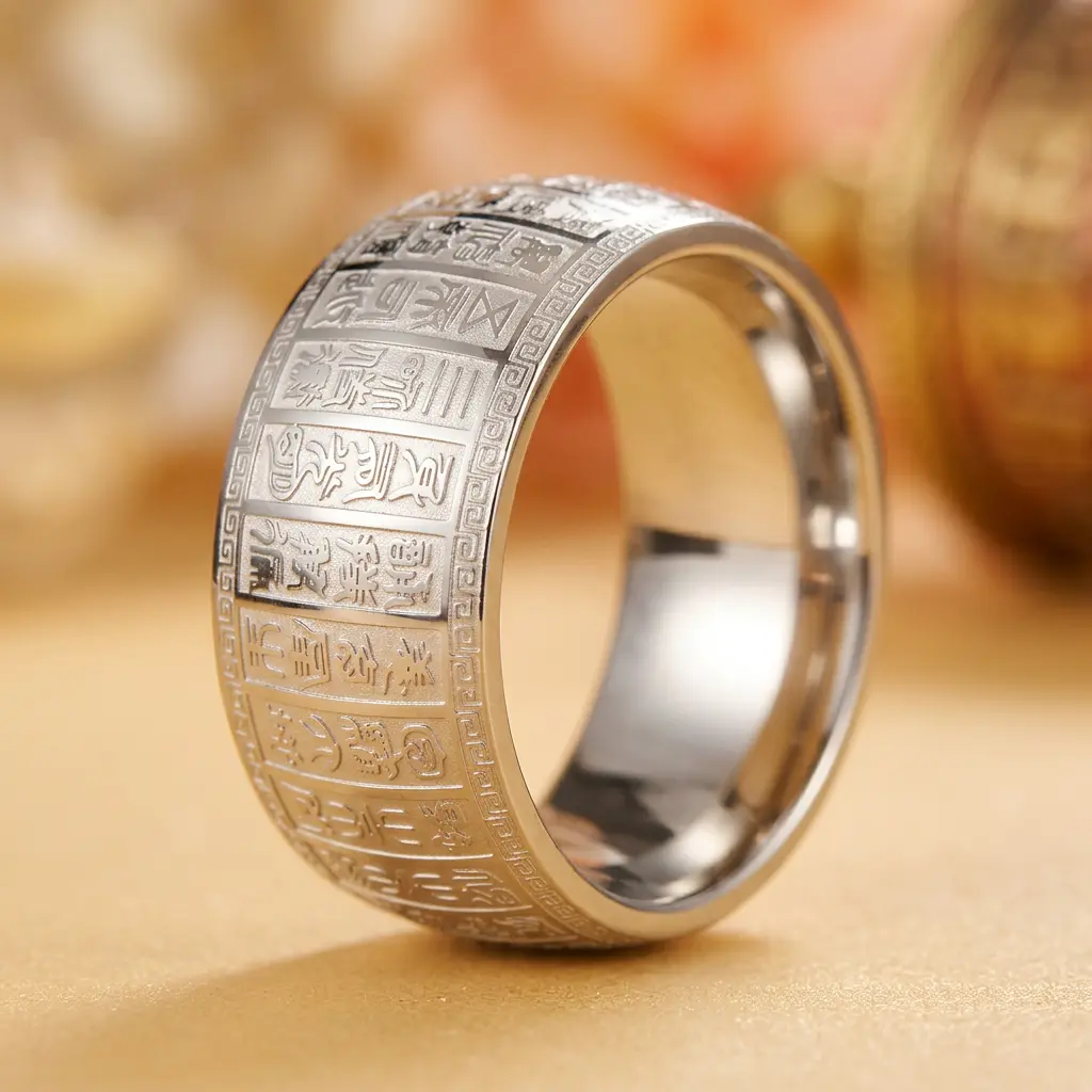 PotalaStore Heart Sutra Silver Stainless Steel Ring – Chinese Buddhist Scripture Engraving Silver Heart Sutra stainless steel ring with 260 laser-engraved Chinese Buddhist scripture characters and Greek key border, on golden fabric