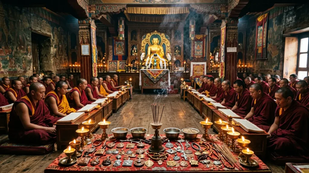 Tibetan monks performing a rab gnas consecration ceremony inside a monastery courtyard, with butter lamps, incense, and ritual offerings on the altar