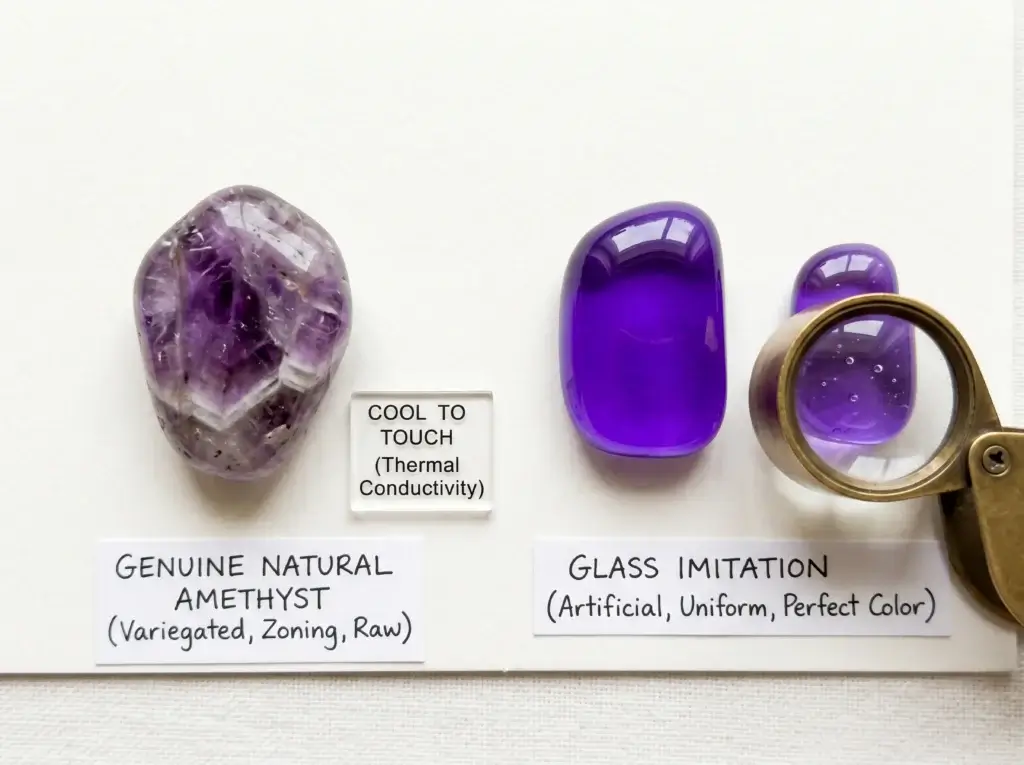 Side-by-side comparison of real natural amethyst with visible color zoning and a glass imitation with uniform color and air bubbles, demonstrating how to identify genuine amethyst stone