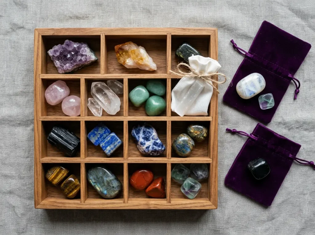 Assorted healing crystals stored safely in individual velvet fabric pouches and a compartmentalized wooden box, showing how to prevent crystal scratching and energetic conflict
