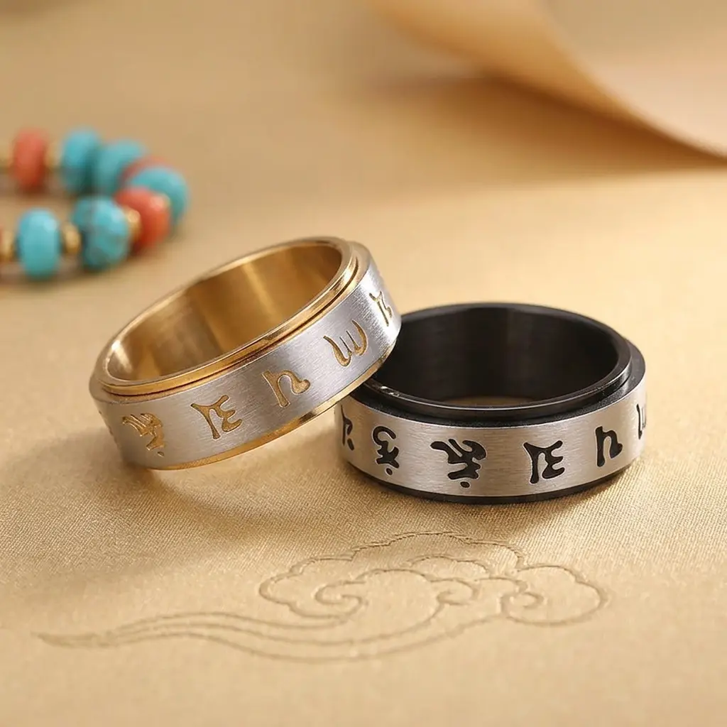 Six True Words Tibetan Mantra Ring – Gold & Black Titanium Spinner Bands with Turquoise Mala Beads Six True Words Tibetan Mantra Ring – Gold & Black Titanium Spinner Bands with Turquoise Mala Beads