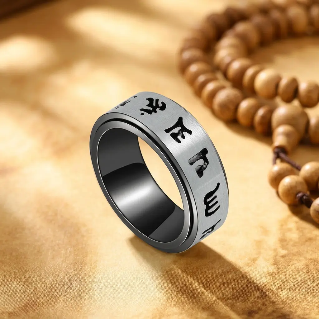 Six True Words Titanium Mantra Spinner Ring – Black Silver with Sandalwood Mala Beads Six True Words Titanium Mantra Spinner Ring – Black Silver with Sandalwood Mala Beads