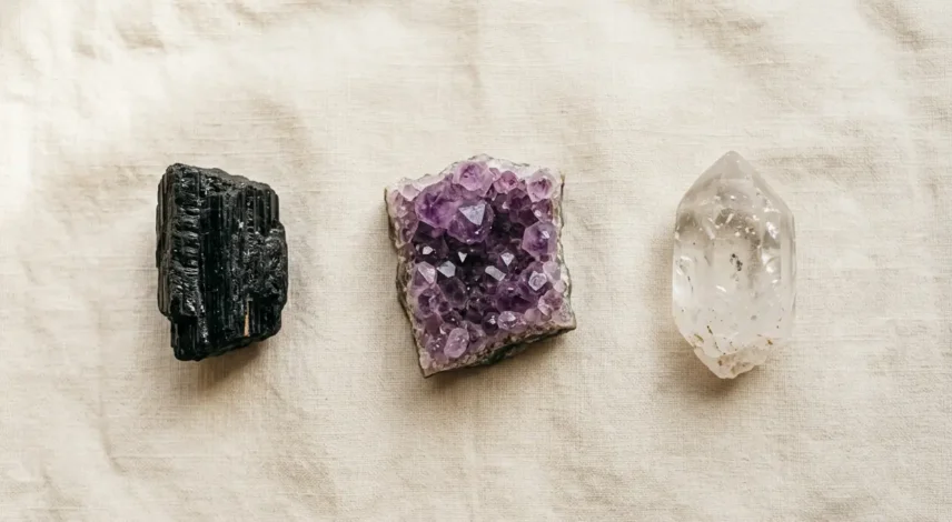 Three Best Crystals for Beginners Three beginner crystals laid out on linen: clear quartz, purple amethyst, and black tourmaline