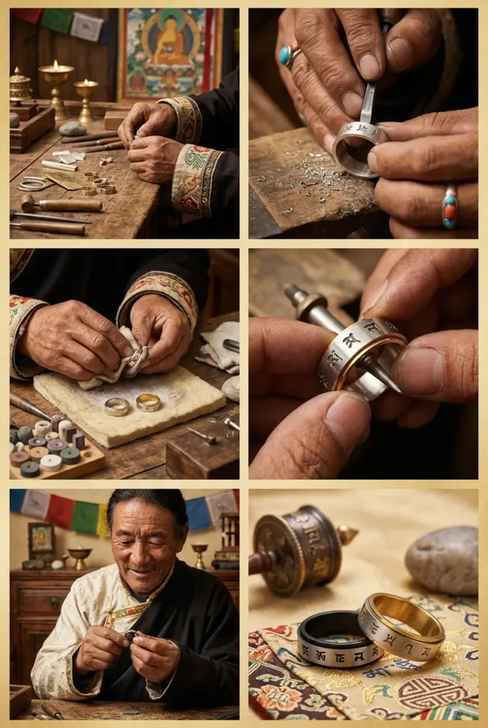 Tibetan Artisan Handcrafting Om Mani Padme Hum Mantra Ring – 6 Step Process