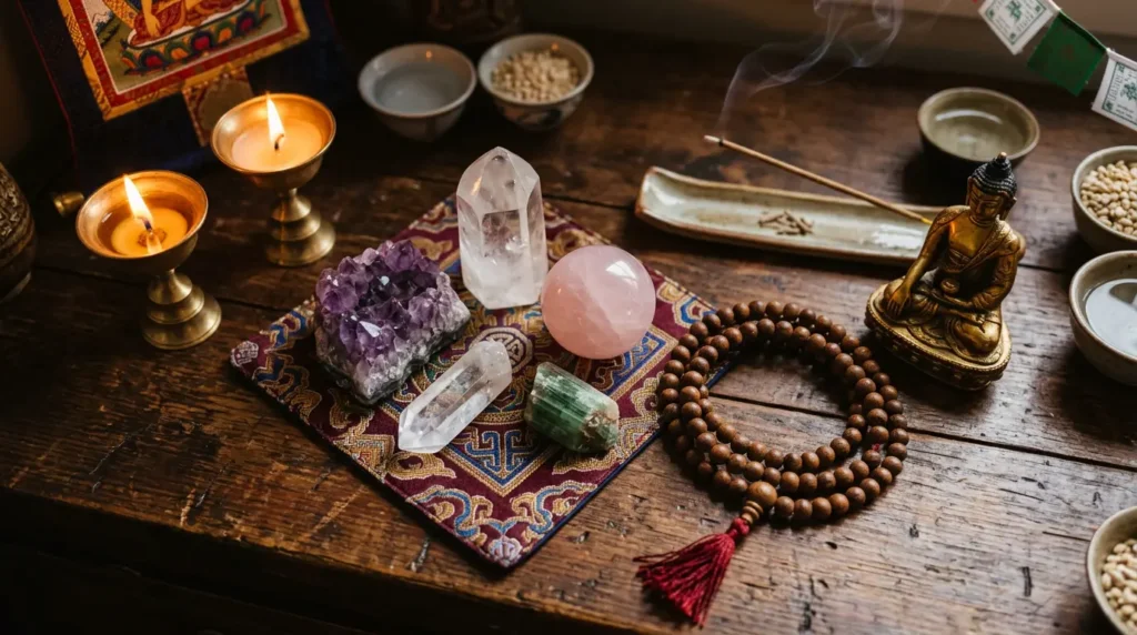 A serene Tibetan Buddhist altar space with multiple crystals including amethyst, clear quartz, and rose quartz arranged harmoniously alongside traditional mala beads and a small Buddha statue