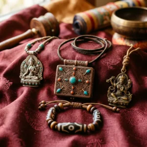 Tibetan Buddhist protection amulets including a copper gau box and Green Tara silver pendant on red silk cloth