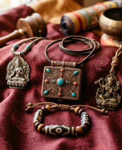 Tibetan Buddhist protection amulets including a copper gau box and Green Tara silver pendant on red silk cloth