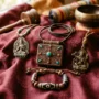 Tibetan Buddhist protection amulets including a copper gau box and Green Tara silver pendant on red silk cloth