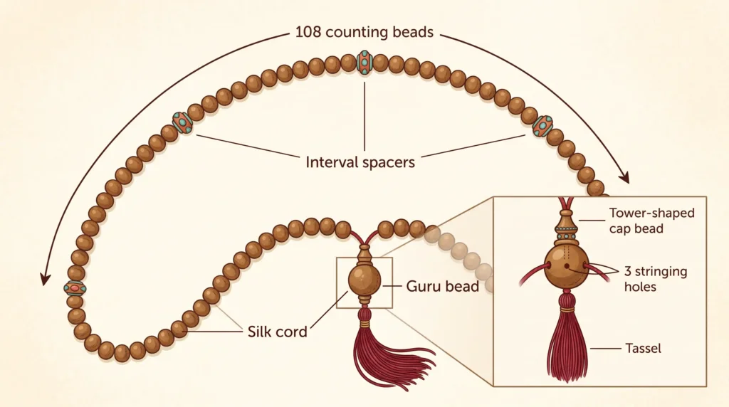 Anatomy diagram of a Tibetan mala showing 108 counting beads, guru bead with three holes and tower cap, interval spacer beads at 27th position, and tassel pendant at the bottom