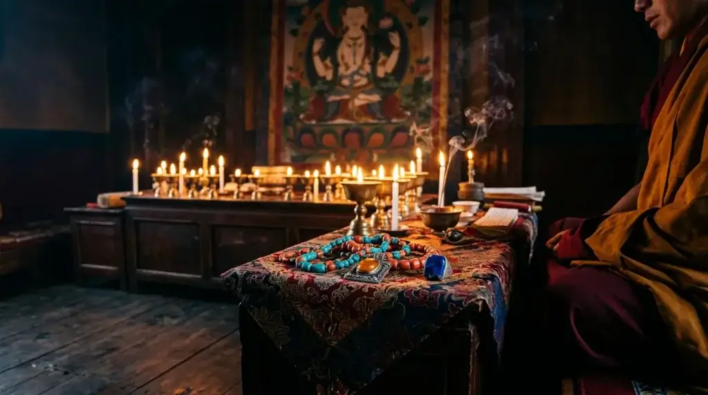 Tibetan monk performing a rab gnas consecration blessing ceremony over crystal jewelry pieces, warm candlelight and incense smoke, Sera Jhe Monastery setting with traditional thangka painting visible in background — monastery-blessed emerald jewelry by Potala Store