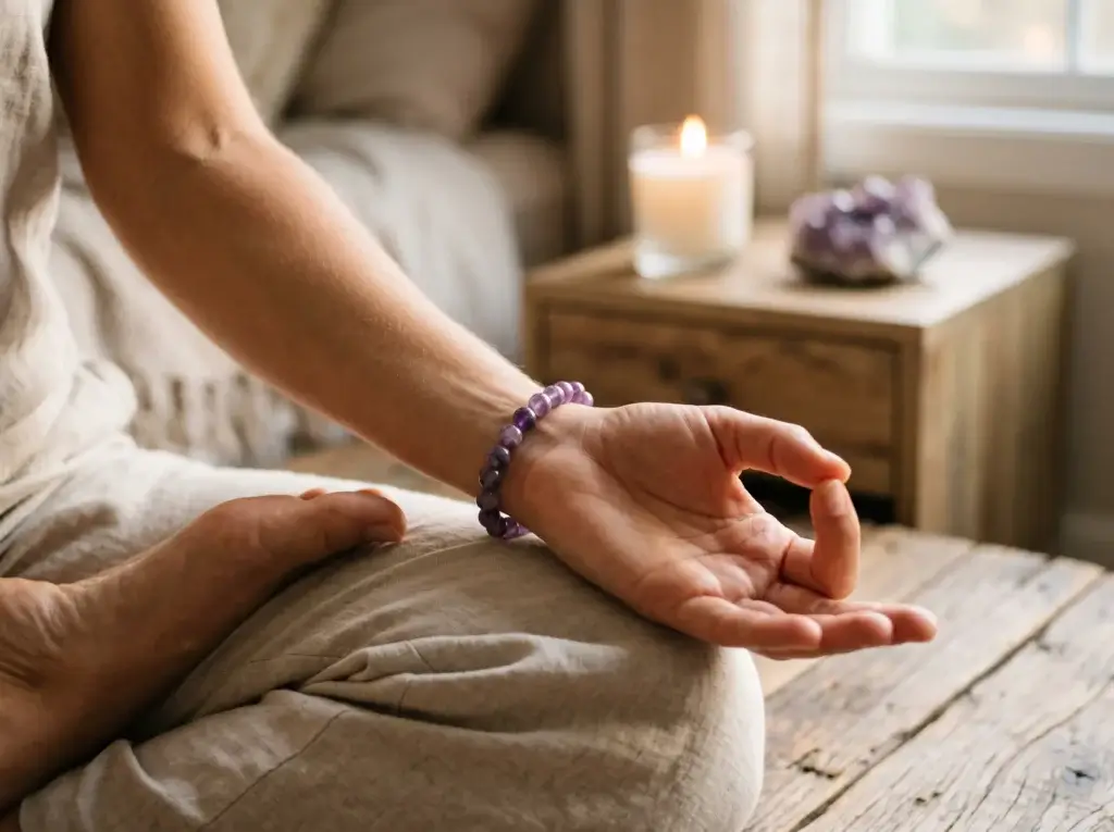 Close-up of a woman's left wrist wearing a natural amethyst bead bracelet during morning meditation, with a lit candle and amethyst cluster in the soft-focus background