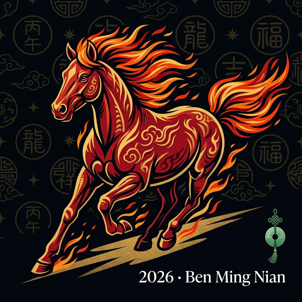 Bold graphic of a red fire horse representing 2026 Ben Ming Nian with Chinese zodiac symbols and protective talisman imagery