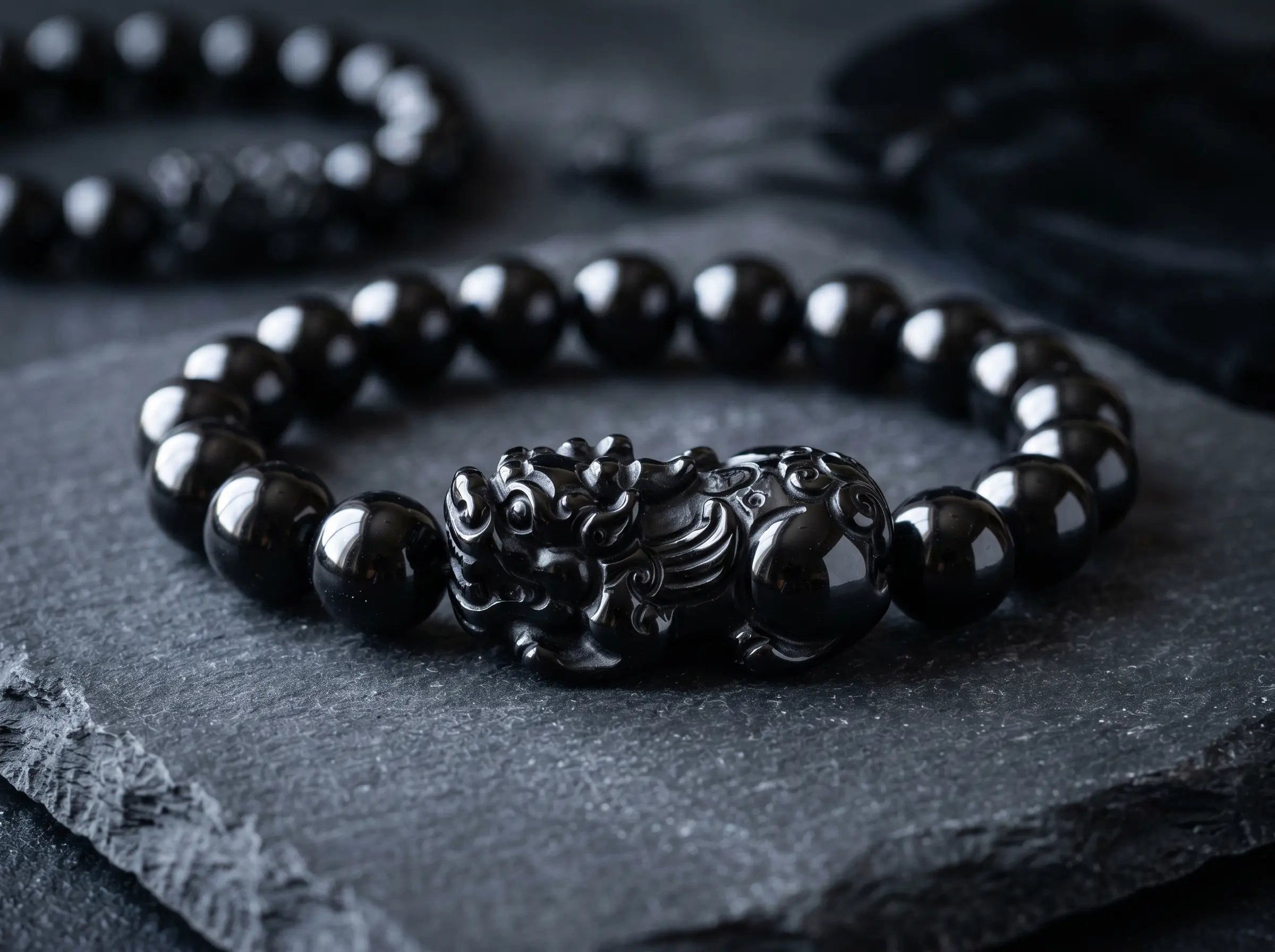 Close-up of a black obsidian Pixiu bracelet with glossy 12mm volcanic glass beads