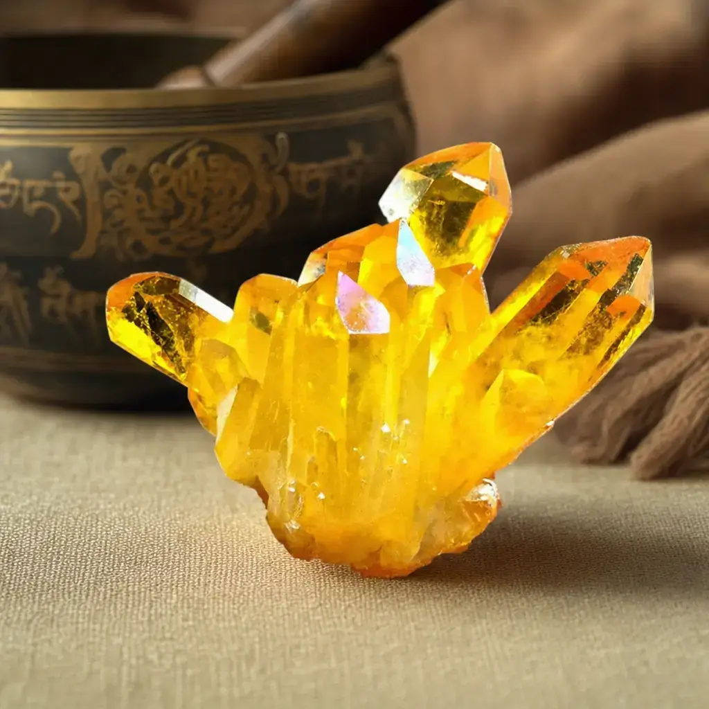 citrine-aura-quartz-cluster-singing-bowl Citrine aura quartz cluster placed beside an engraved Tibetan singing bowl — natural citrine wealth crystal consecrated through rab gnas puja at PotalaStore