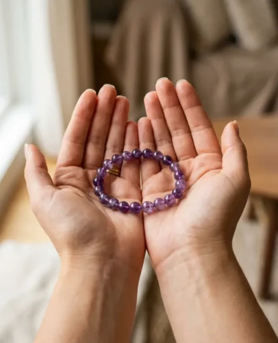 Person holding an amethyst crystal bracelet in open palms, preparing to cleanse it Nanobanana prompt: