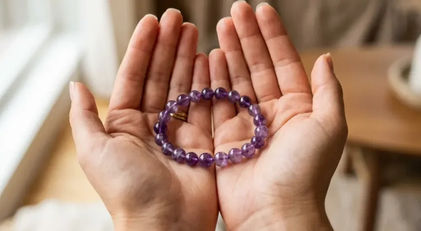 crystal-bracelet-cleansing-hands Person holding an amethyst crystal bracelet in open palms, preparing to cleanse it Nanobanana prompt: