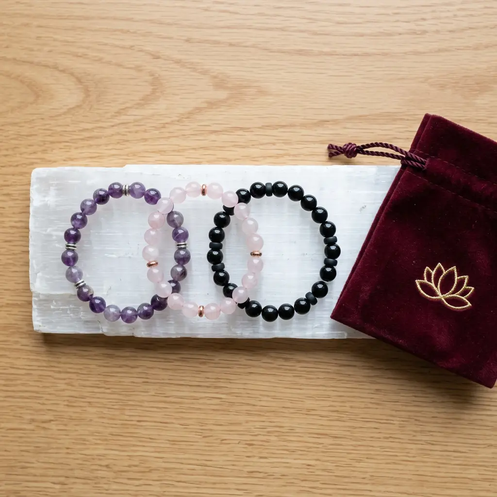 Multiple crystal bracelets neatly stored in a soft velvet pouch beside a flat selenite charging plate on a wooden surface