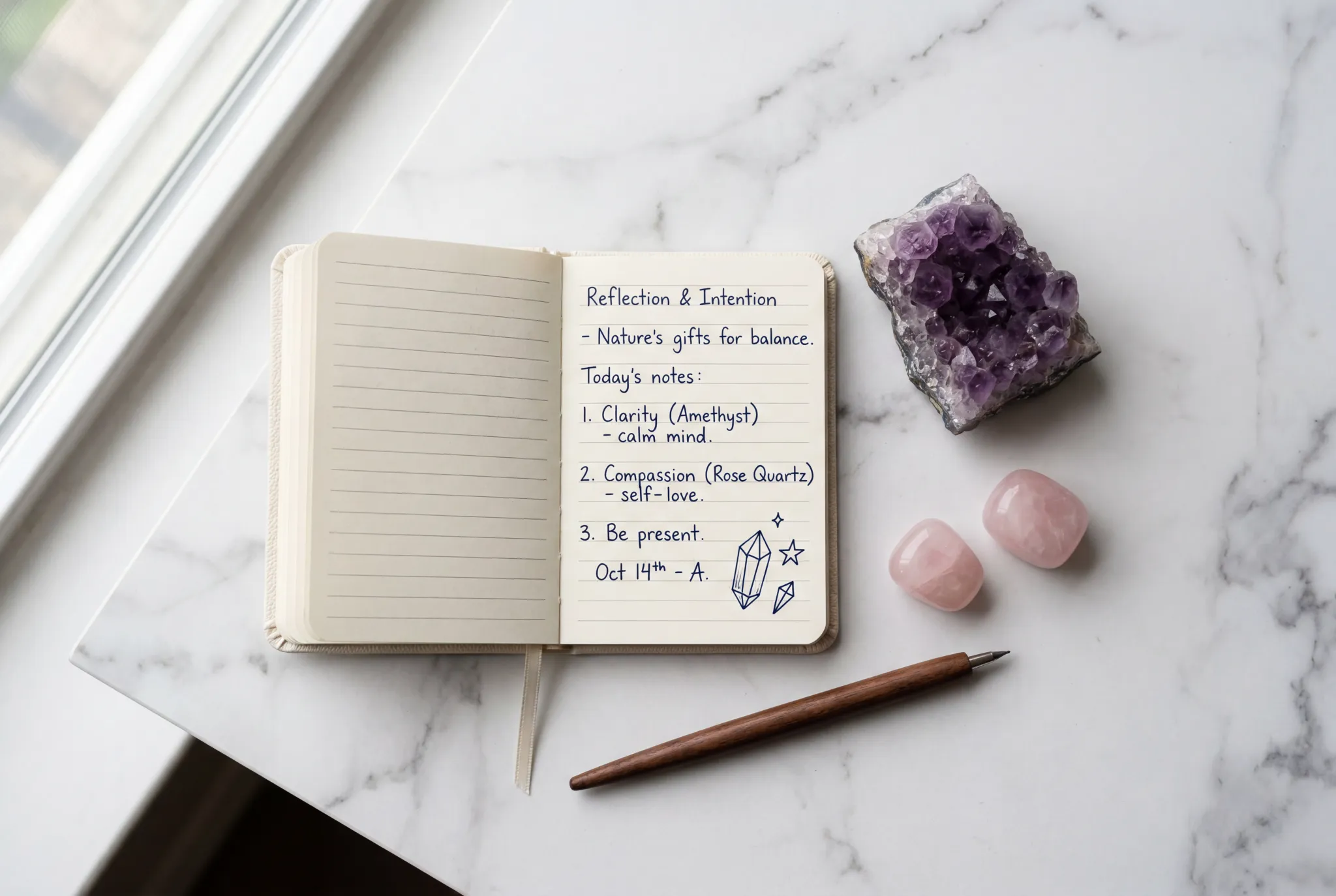 Amethyst and rose quartz crystals arranged on a white surface next to open research notes, balanced scientific and spiritual aesthetic
