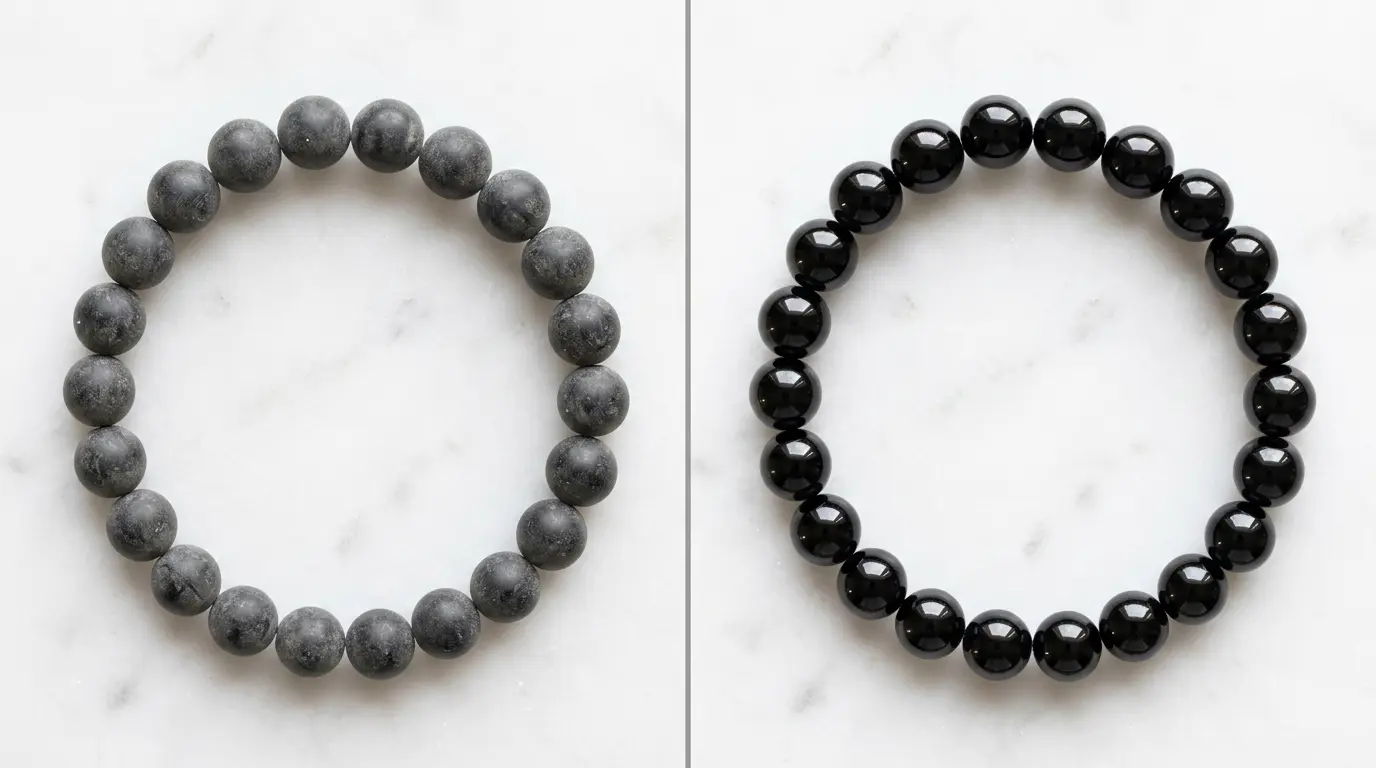 Side-by-side comparison of a dull, uncleansed crystal bracelet on the left and a vibrant, cleansed crystal bracelet on the right