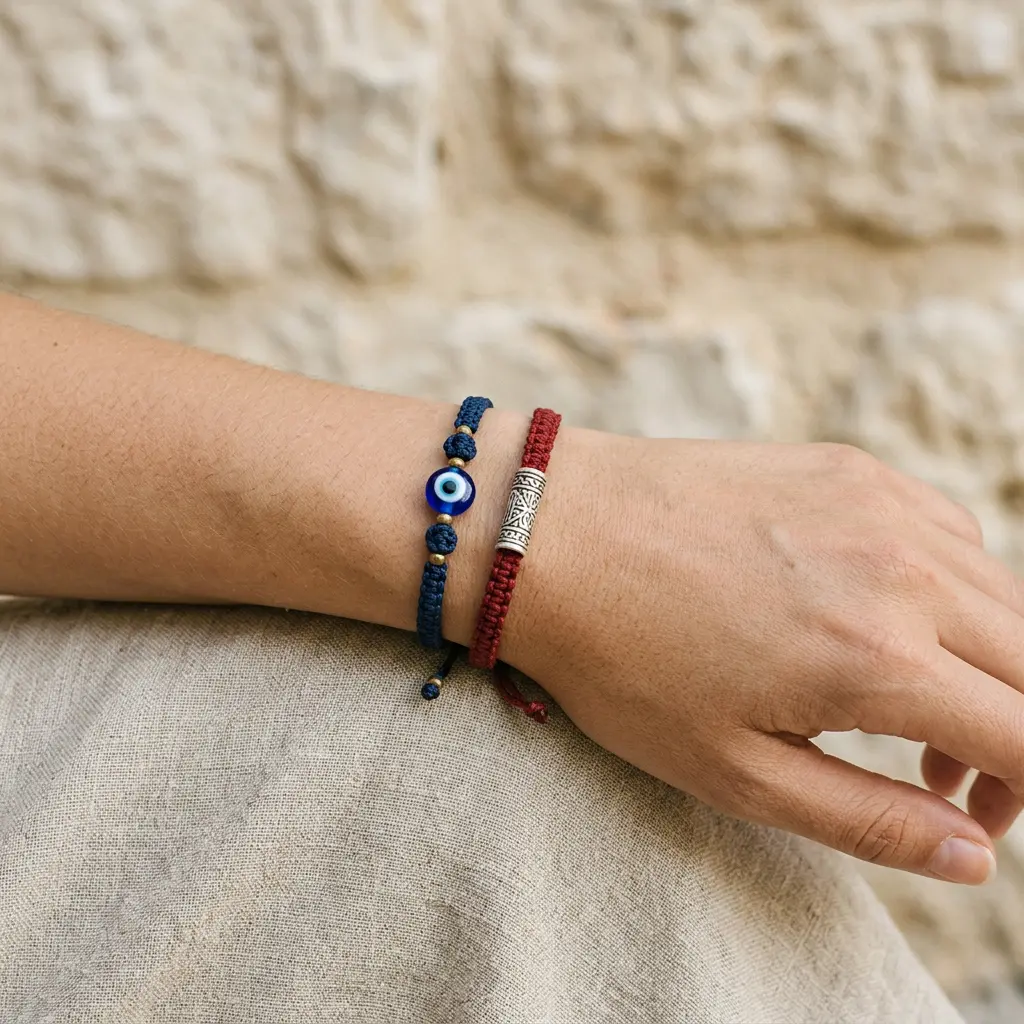 A person's left wrist wearing two bracelets stacked together: a blue evil eye nazar bead bracelet and a red Tibetan knotted mantra bracelet with a silver tube, photographed against a natural stone background