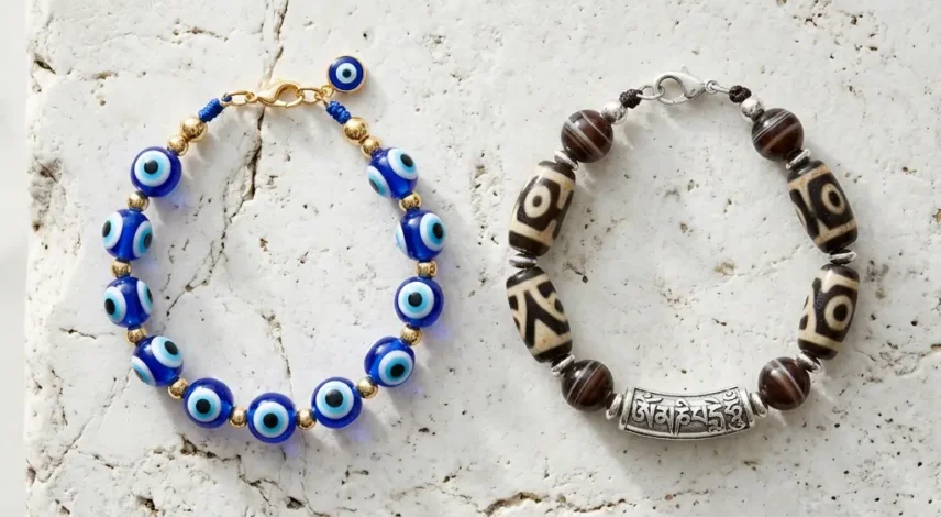evil-eye-vs-tibetan-protection-jewelry-comparison A Turkish nazar evil eye bracelet and a Tibetan dzi bead mantra bracelet placed side by side on a natural stone surface, representing two ancient spiritual protection traditions