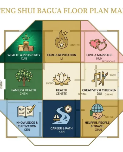 feng-shui-bagua-map-wealth-corner-xun-gua Feng shui Bagua map 3×3 grid showing the Xun gua (wealth corner) highlighted in the far back-left position, with the Wood element and southeast direction labeled