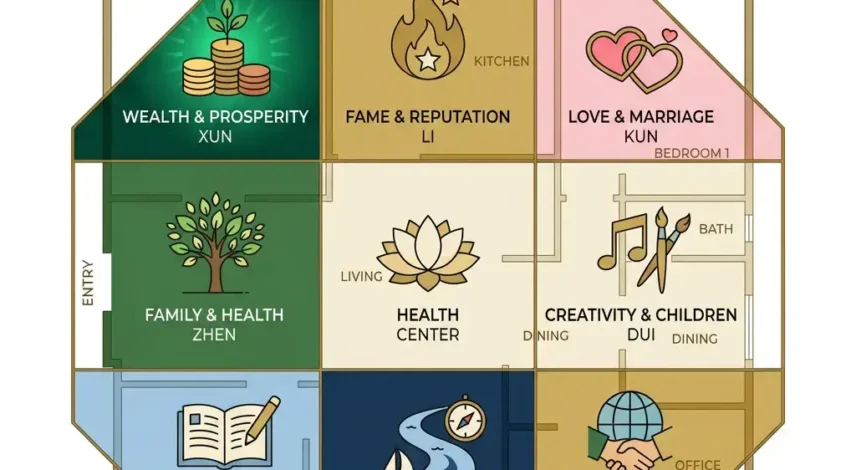 feng-shui-bagua-map-wealth-corner-xun-gua Feng shui Bagua map 3×3 grid showing the Xun gua (wealth corner) highlighted in the far back-left position, with the Wood element and southeast direction labeled
