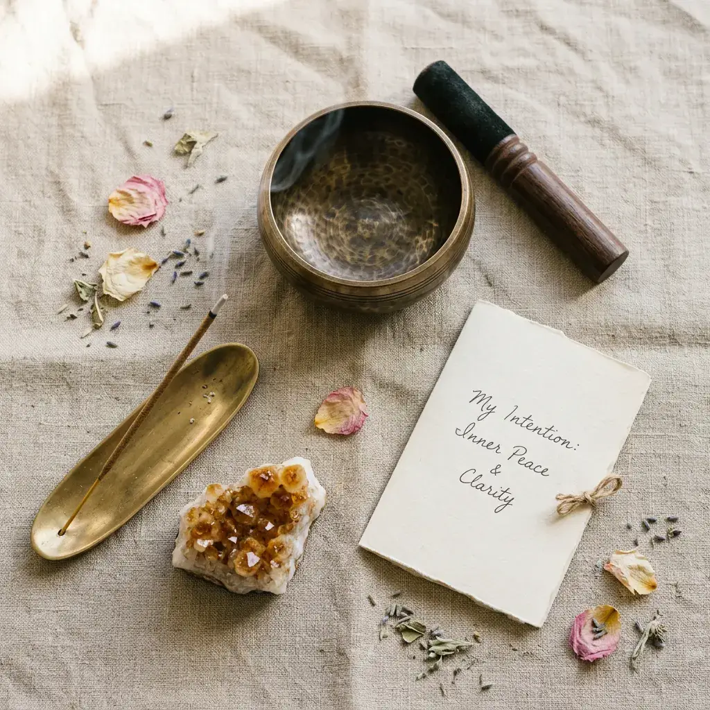 Top-down flat-lay of feng shui wealth corner activation tools: a small Tibetan singing bowl with mallet, a stick of Tibetan incense in a brass holder, a folded paper intention note, and a citrine crystal on a linen cloth