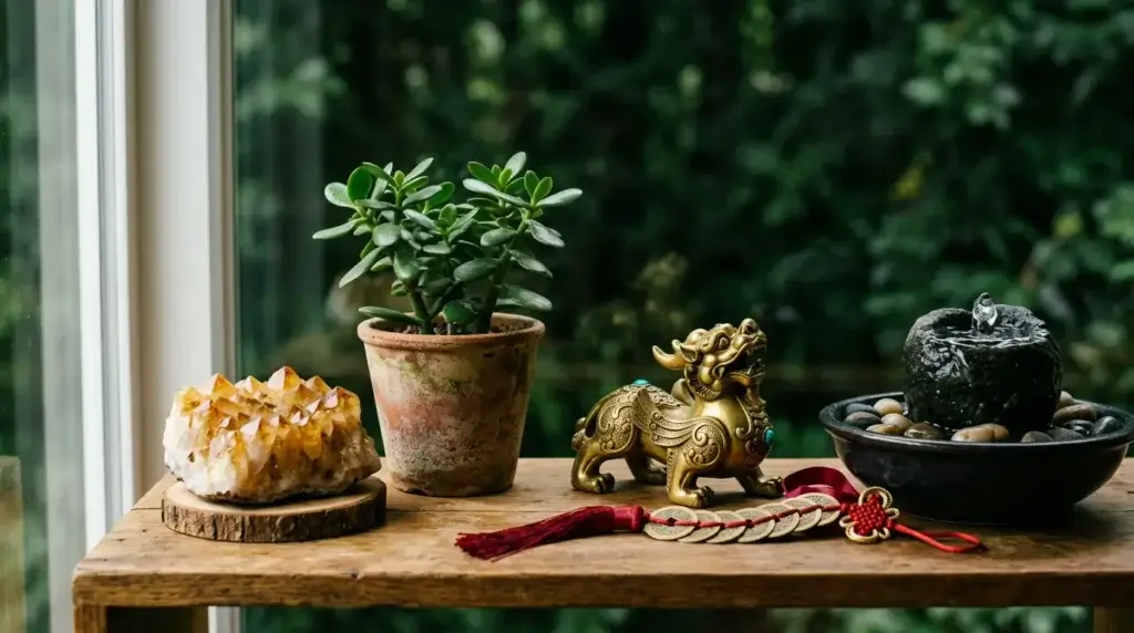 A styled feng shui wealth corner shelf showing a citrine crystal cluster, a green jade plant, a small Pixiu figurine, nine gold I-Ching coins tied with red ribbon, and a mini water fountain, arranged on a wooden surface
