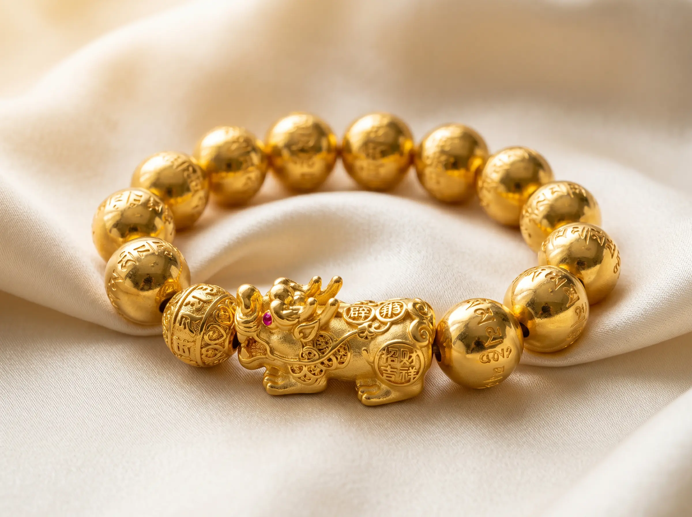 Close-up of a gold Pixiu bracelet with mantra-engraved beads and a gold fortune-beast charm