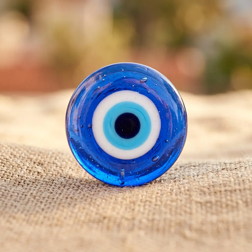 Close-up macro photography of an authentic Turkish nazar boncuğu evil eye bead showing concentric circles in cobalt blue, white, and black, handblown glass texture visible