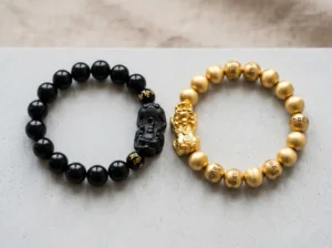 Black obsidian Pixiu bracelet and gold Pixiu bracelet displayed side by side for comparison