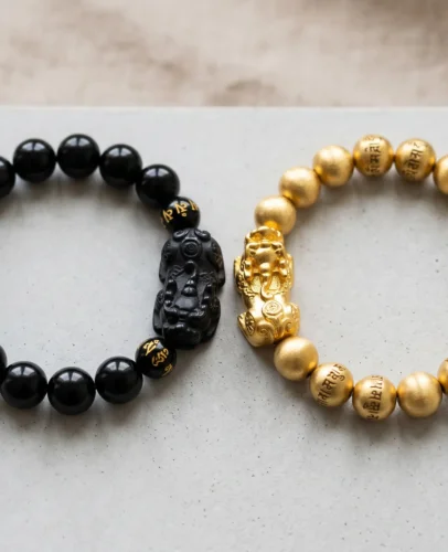 Black obsidian Pixiu bracelet and gold Pixiu bracelet displayed side by side for comparison