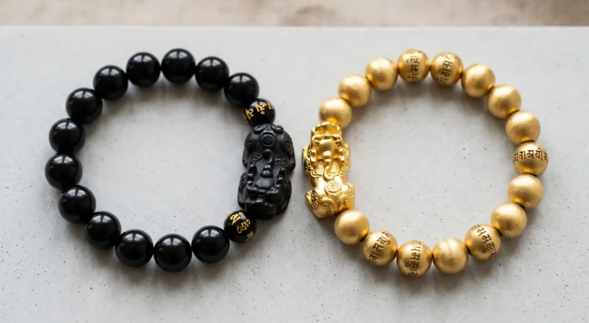 obsidian-vs-gold-pixiu-bracelet Black obsidian Pixiu bracelet and gold Pixiu bracelet displayed side by side for comparison