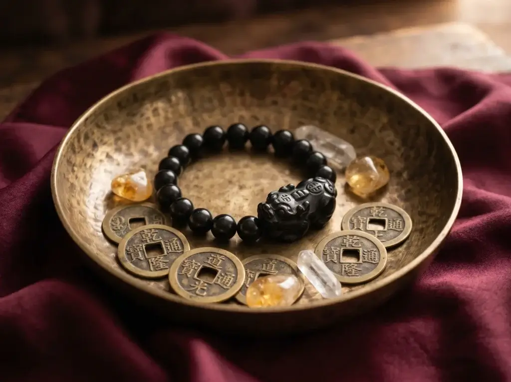 Pixiu bracelet activation ritual setup: antique brass bowl containing a black obsidian Pixiu bracelet, eight Chinese gold coins, three citrine points, and two clear quartz crystals on a dark silk cloth