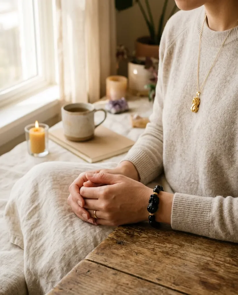 A person wearing both a black obsidian Pixiu bracelet on the left wrist and a gold Pixiu pendant necklace at the same time, showing the correct feng shui stacking combination