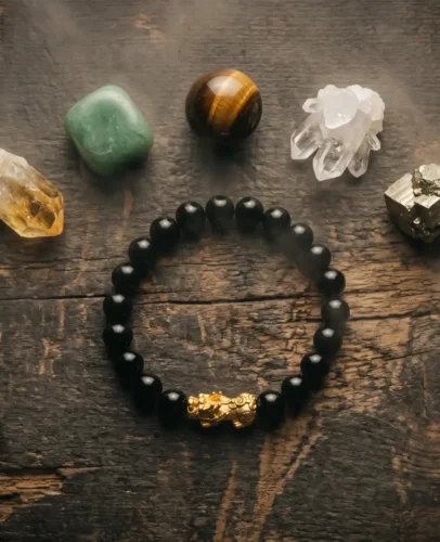 Black obsidian Pixiu bracelet surrounded by citrine, green jade, tiger's eye, and clear quartz crystals arranged on a dark wood surface