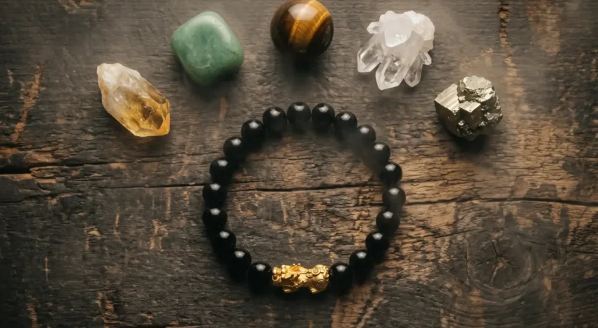 pixiu-bracelet-crystal-pairing-wealth Black obsidian Pixiu bracelet surrounded by citrine, green jade, tiger's eye, and clear quartz crystals arranged on a dark wood surface